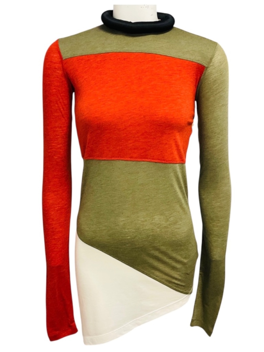 PHOEBE PHILO OLIVE GREEN / ORANGE / IVORY TUBULAR BLOCK KNIT SWEATER